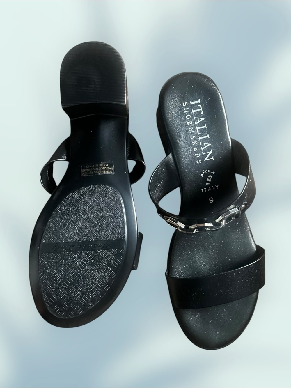 Italian Shoemakers Black Slide Mules with Silver Chain Accent
